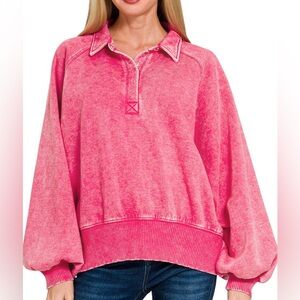 Acid Wash Fleece Button Up Collared Pullover in Hot Pink